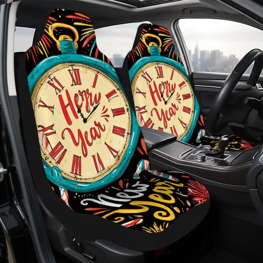 2pcs New Year Celebration Vintage Clock Pattern Car Seat Covers | Comfortable, Easy To Install, Universal Fit For Sedan And SUV