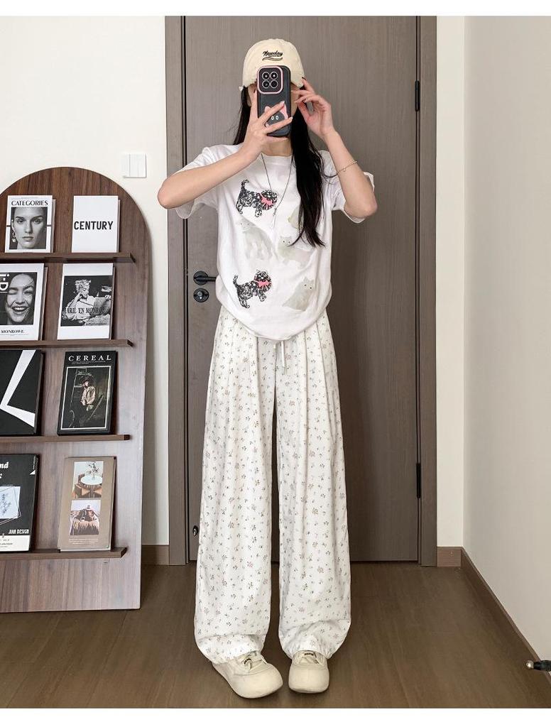 Korean Floral Wide-Leg High-Waist Drawstring Pants for Women - Spring/Summer