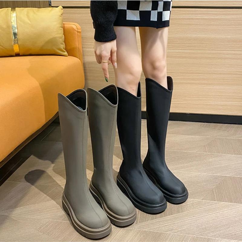 

Женские сапоги до середины голени в стиле панк на платформе, осенне-зимние сапоги из искусственной кожи, женская мода, толстая подошва, Knight Botas Mujer, большой размер 42 42