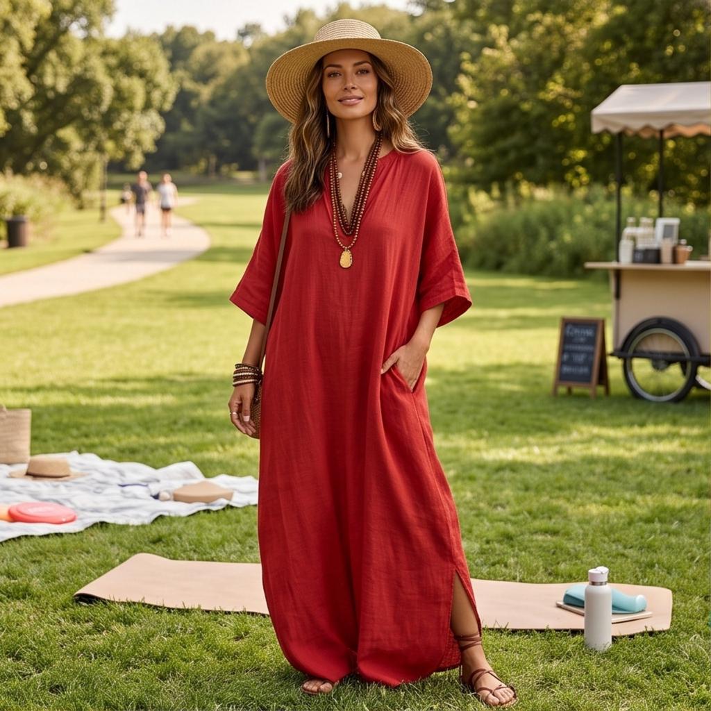 Women's Bohemian Cotton Linen Loose Fit Maxi Dress with V-Neck and Three-Quarter Sleeves for Vacation