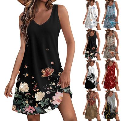 Women's Casual Sundress With Pockets Summer Boho Beach Dress Floral Blouses For Women T-Shirts Dress V Neck Loose Tank Dresses