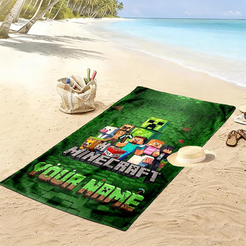 Name Custom Mine World Building Print Beach Towel, Large Soft Quick Dry Towel for Beach Camping Swimming