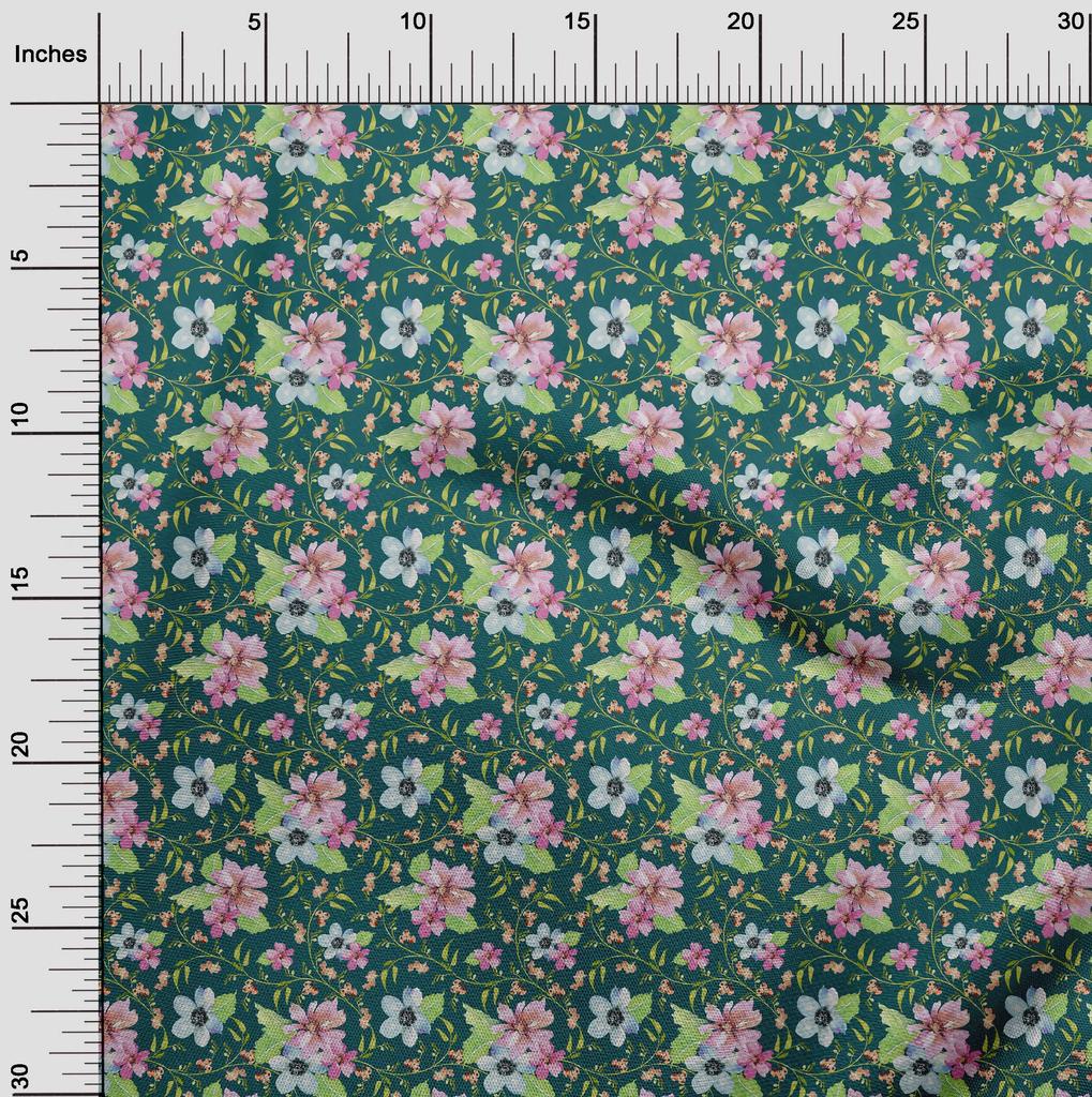 oneOone Cotton Flex Fabric Watercolor Leaves & Flower Floral Print Sewing Fabric BTY 40 Inch