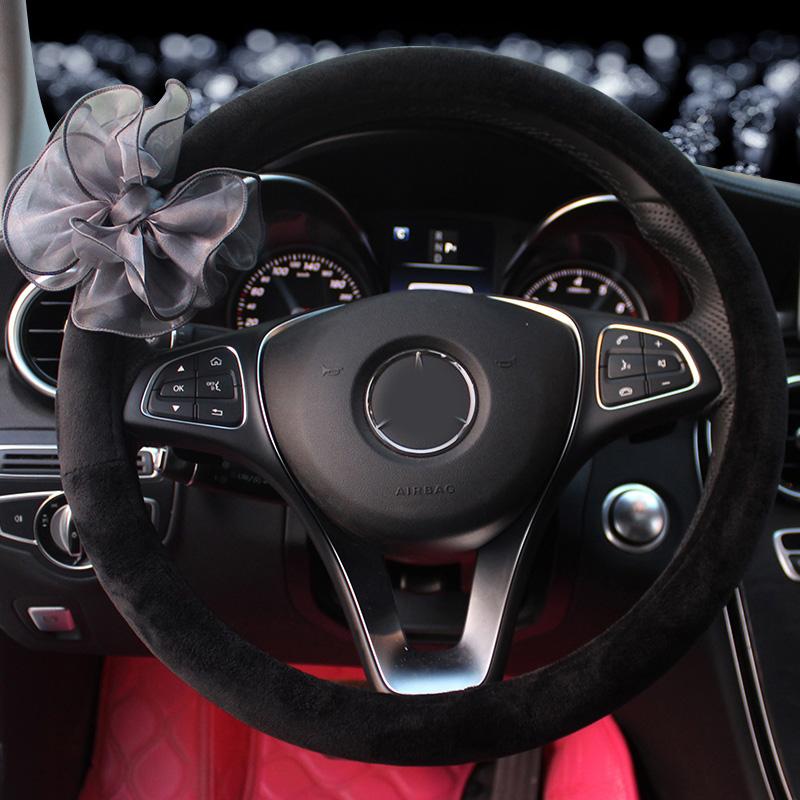 

Милый универсальный автомобильный чехол на руль с бантом, зимний мягкий плюшевый чехол на руль с кристаллами, женский автоинтерьер серый