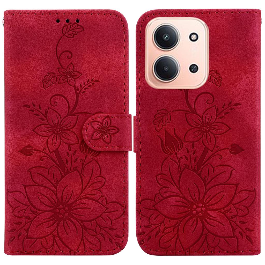 For Xiaomi Redmi 15C 5G (EU) (173mm)/15C 4G (EU) (173mm) Stand Case Lily Flower Imprint Leather Phone Cover with Wrist Strap