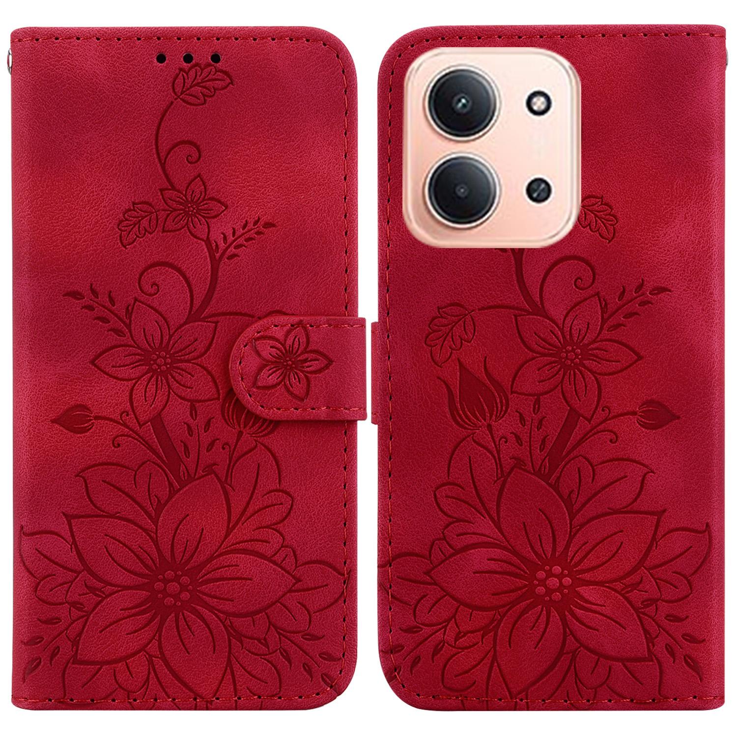 

For Xiaomi Redmi 15C 5G (EU) (173mm)/15C 4G (EU) (173mm) Stand Case Lily Flower Imprint Leather Phone Cover with Wrist Strap Red