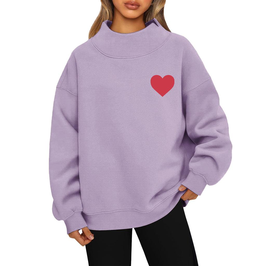 Women's Valentine's Day Print Fashion Loose High-Collar Long Sleeve Color Sweatshirt Pullover