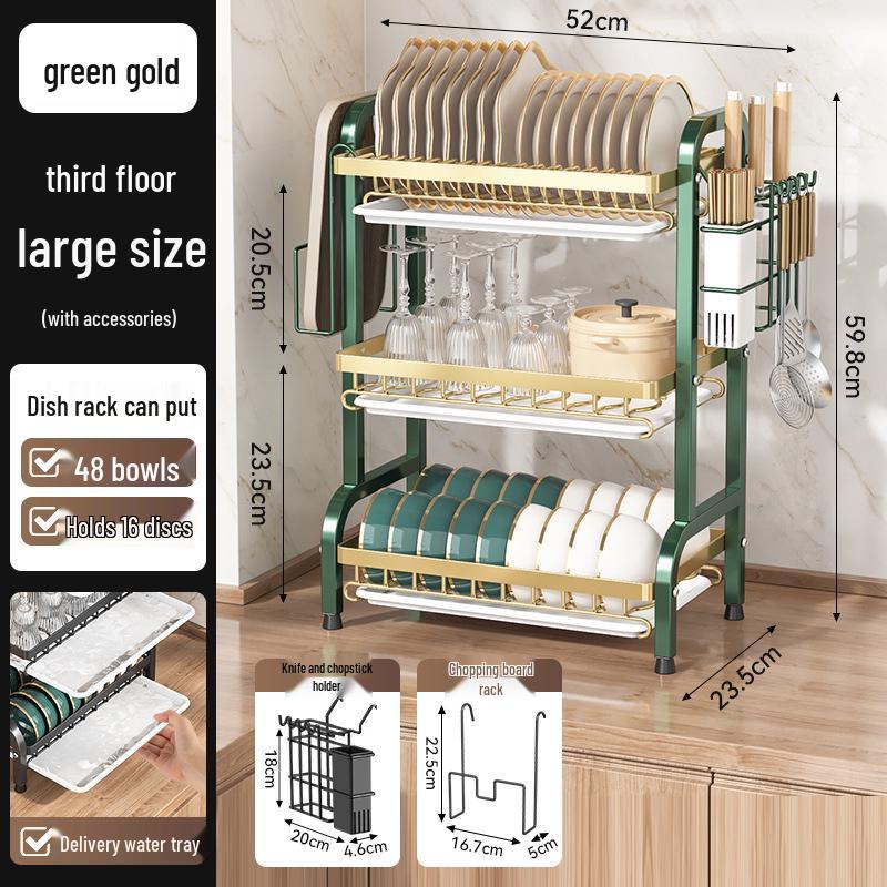 Égouttoir de cuisine multicouche pour bols, assiettes, couteaux et baguettes avec fonctionnalité d'égouttage sur le plan de travail