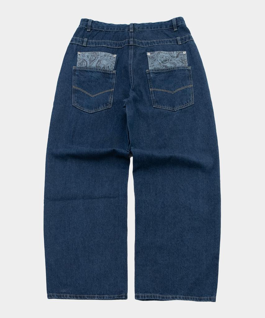 SOMEPLACE MAN Paisley Bandana Color Block Pocket Detail Wide Fit Denim Pants [Medium Blue]