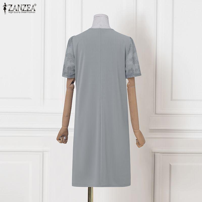 ZANZEA Elegant Womens Casual Round Neck Short Sleeve Splice Dress