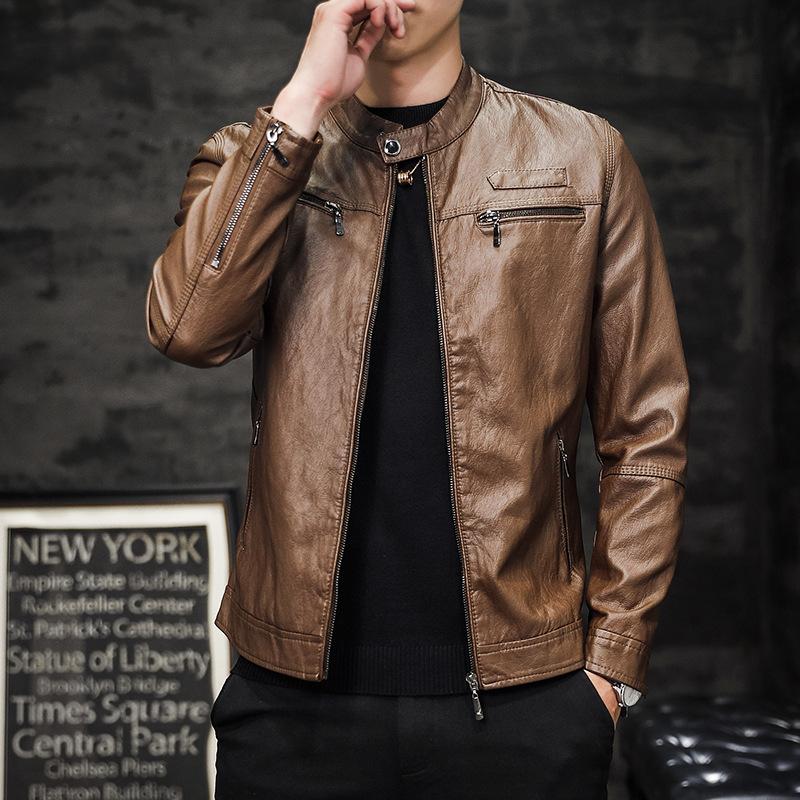 New Velvet Leather Jacket, Wire PU Leather, Men's Autumn and Winter Leather Jacket, Motorcycle Jacket, Stand Collar, Fashionable