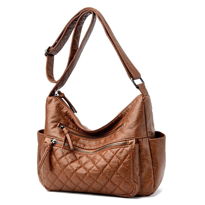 

Soft leather bag retro bag large capacity embroidered multi-layer versatile shoulder messenger women s bag коричневий