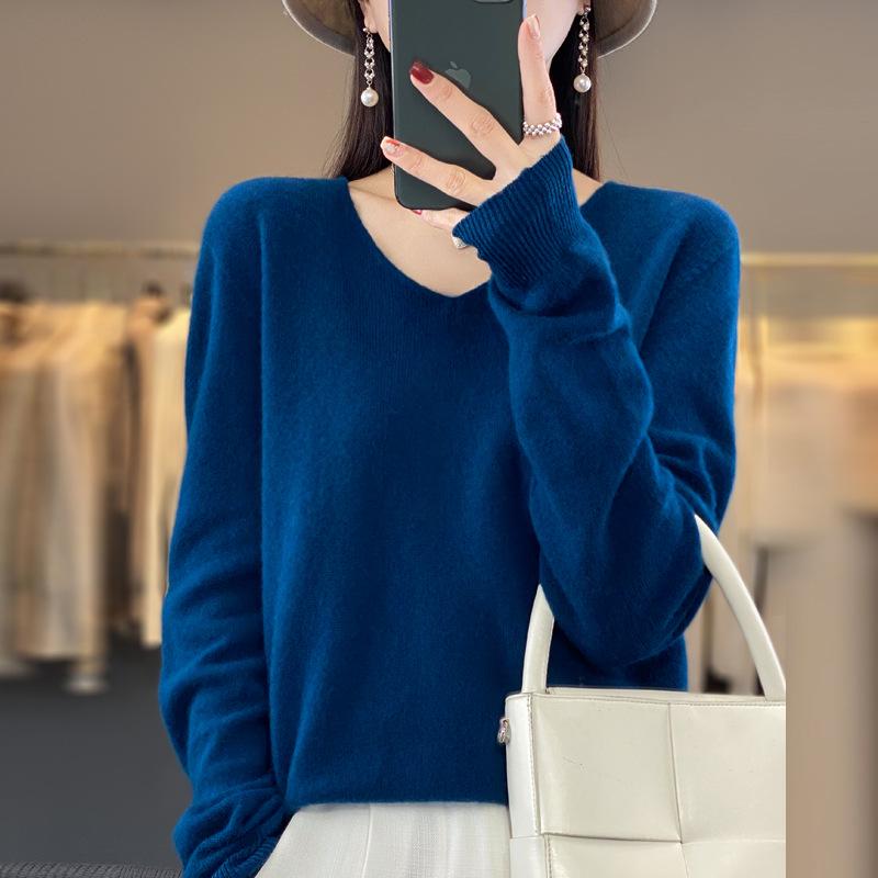 Women's V-Neck Seamless Wool Sweater - Loose, 100% Cashmere Knit for Autumn/Winter