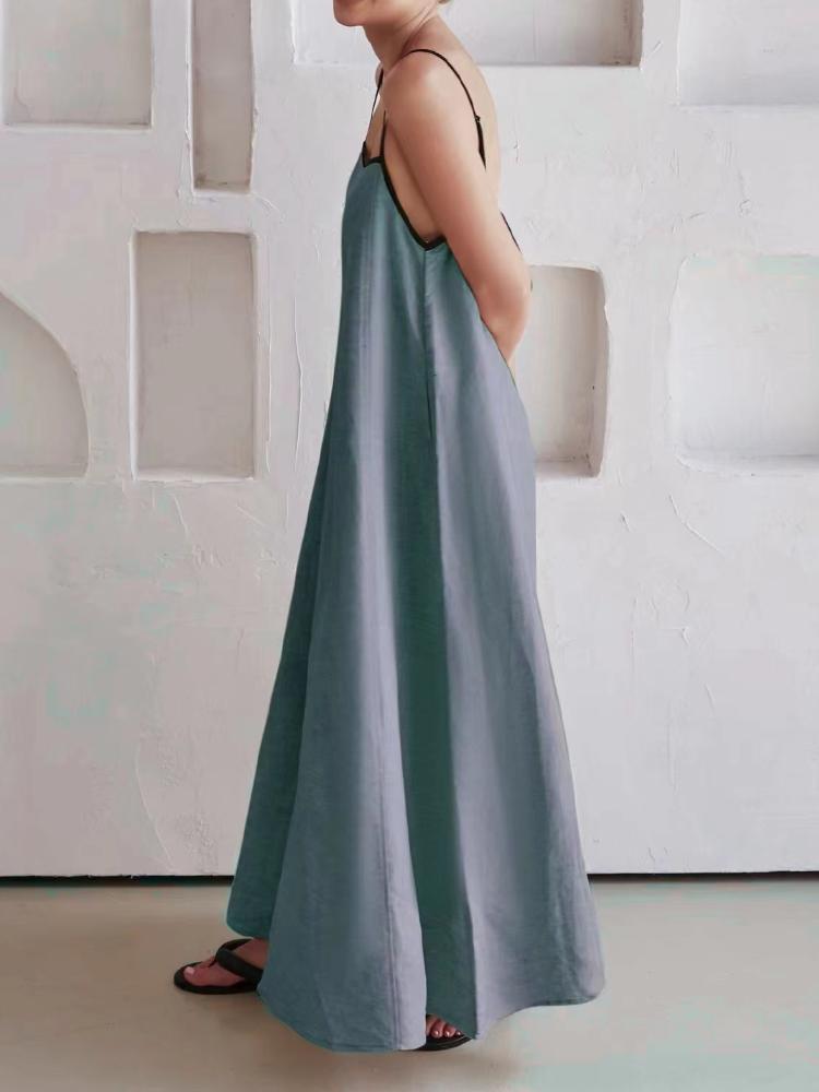 Fashion Contrasting Color Cotton Camisole Dress Spring and Summer Women Simple Loose Ventilate Large Hem Vacation Leisure Dress