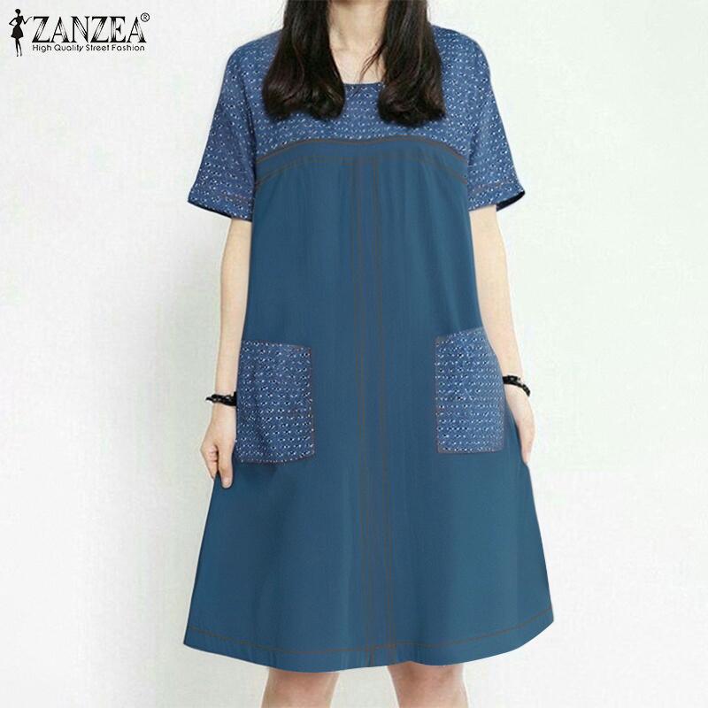 

ZANZEA Women Print Patchwork Round Neck Short Sleeve Casual Dress 5XL коричневий