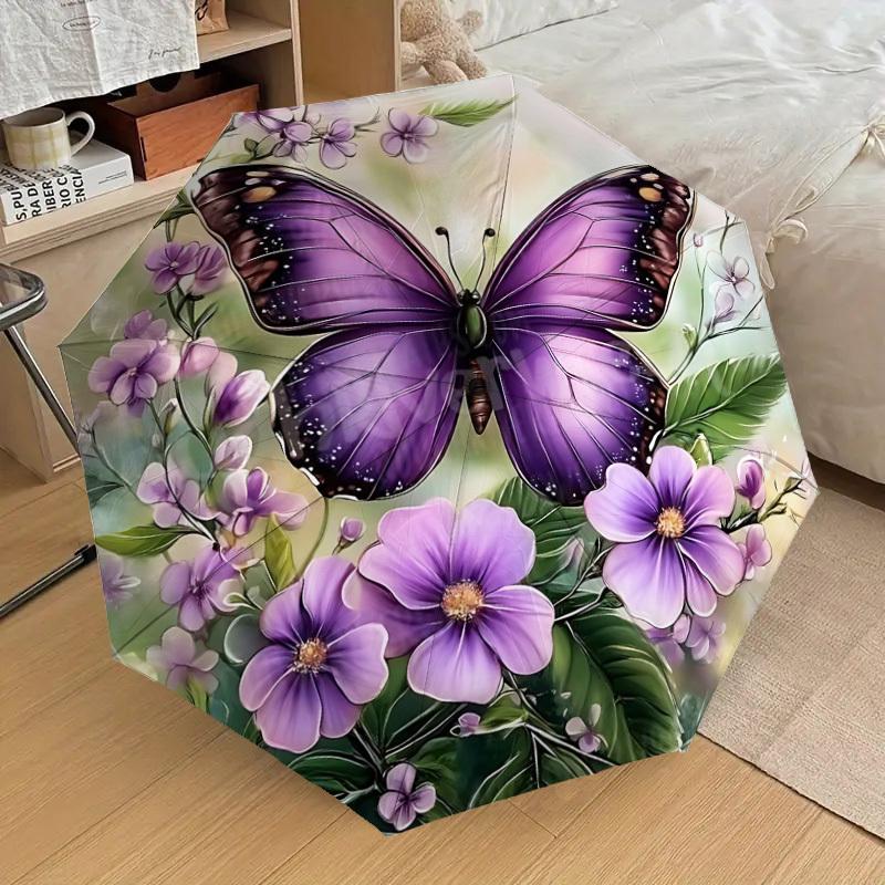 1PC Butterfly FlowersAutomatic Open/Close Umbrella with Windproof, 8-Rib Sturdy Canopy, Durable Ribs, Fashionable Design, Outdoor Accessory, Fun Prin,