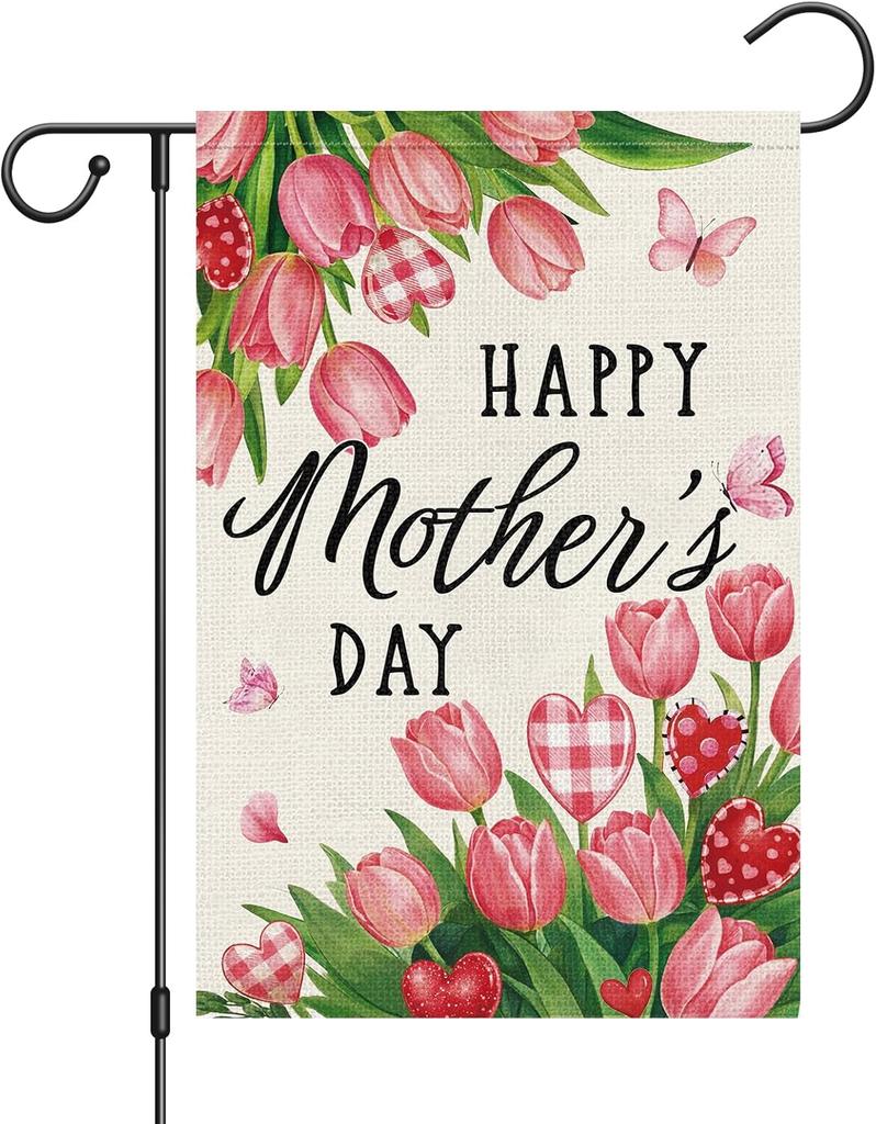 Happy Mother's Day Garden Ag 12x18 Inch Double Sided for Outside, Pink Tulip Ower Small Burlap Yard Ag Home Outdoo