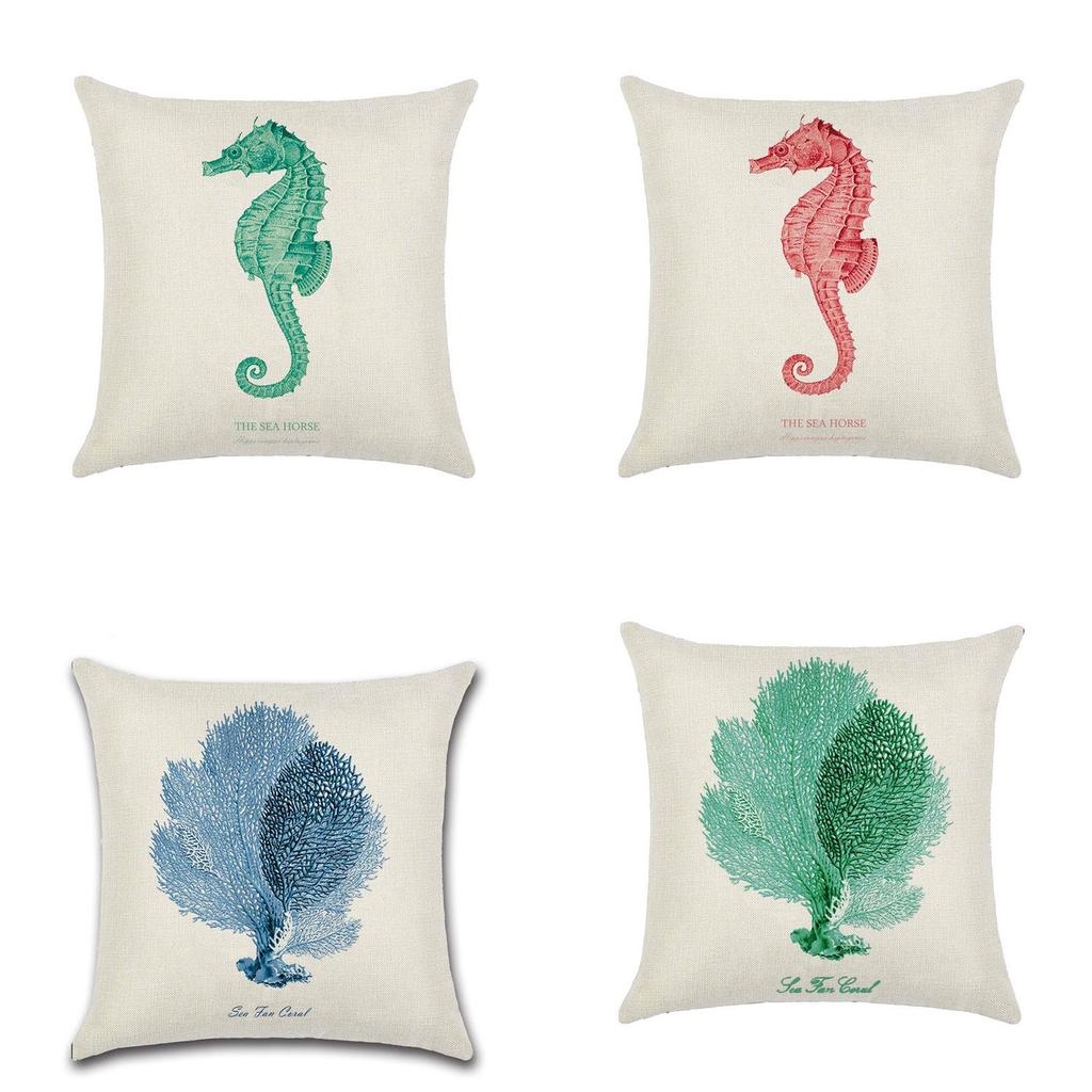 Premium Quality Flax Throw Pillow Case With Marine Organism Patterns For Home Decor