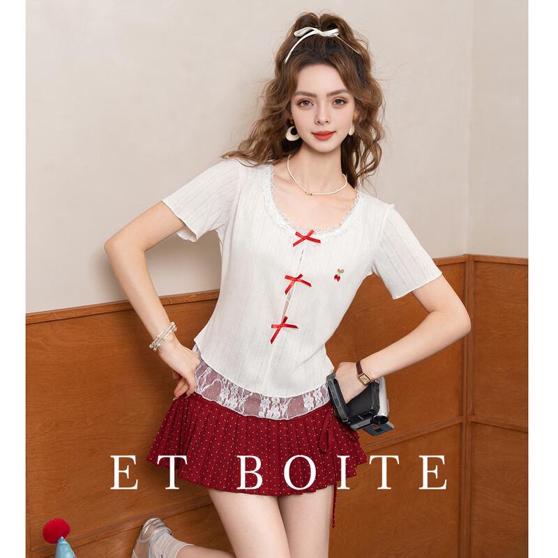 French Box Lace Patchwork Faux Two-Piece Bowknot T-Shirt XL