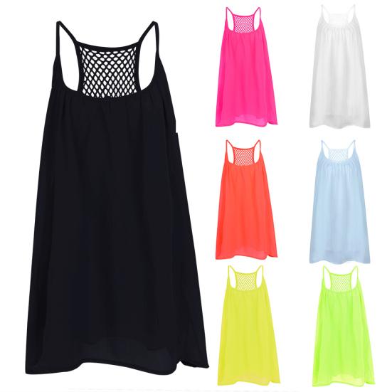 Women Summer Solid Color Sleeveless Grids Backless Large Hem Sling Mini Dress