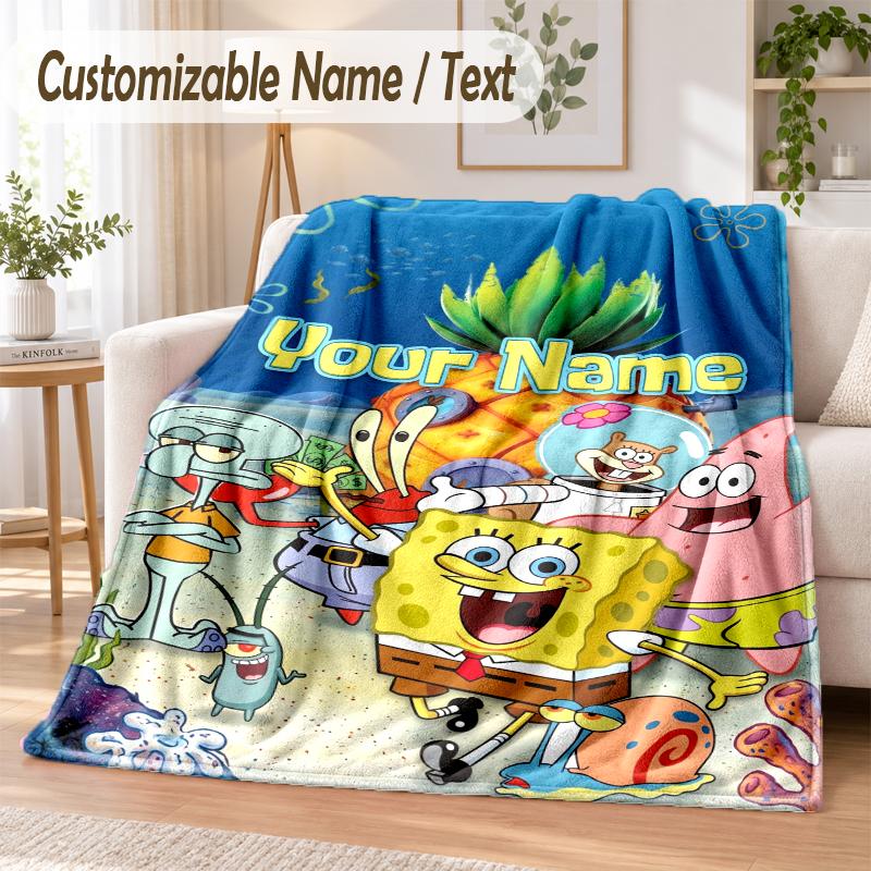 SpongeBob Custom Name Flannel Throw Blanket Soft Warm for Sofa Bed Indoor Home Use