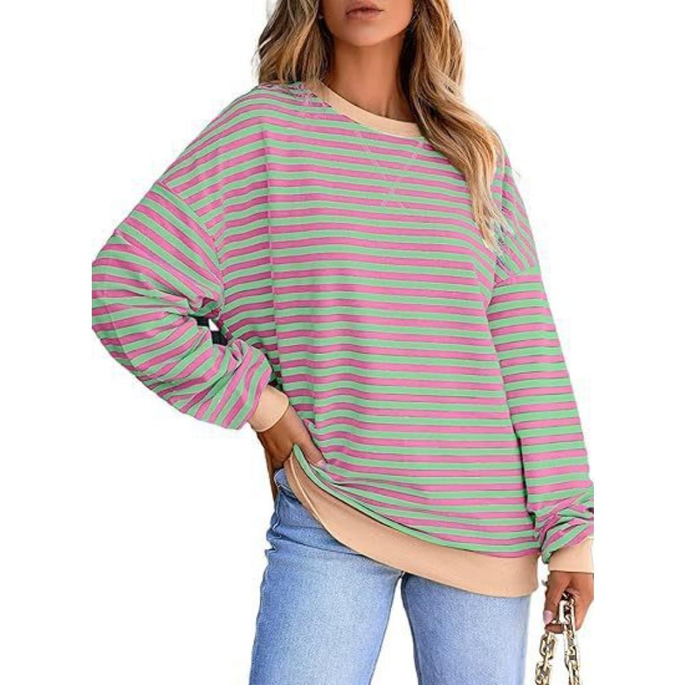 Women's Sports Casual Round Neck Long Sleeve Contrast Striped Sweatshirt Pullover Tunic Top T-Shirt