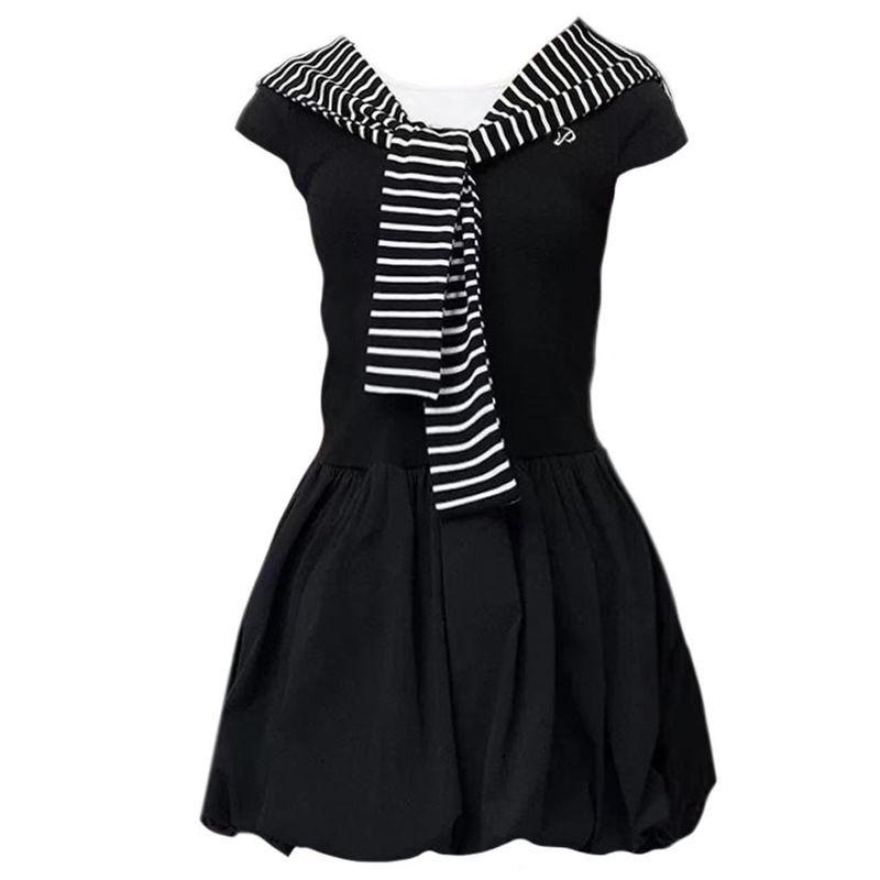Elegant Petite Black A-Line Bud Dress with Shawl and Short Sleeves - Faux Two-Piece Summer Style for Women 2XL
