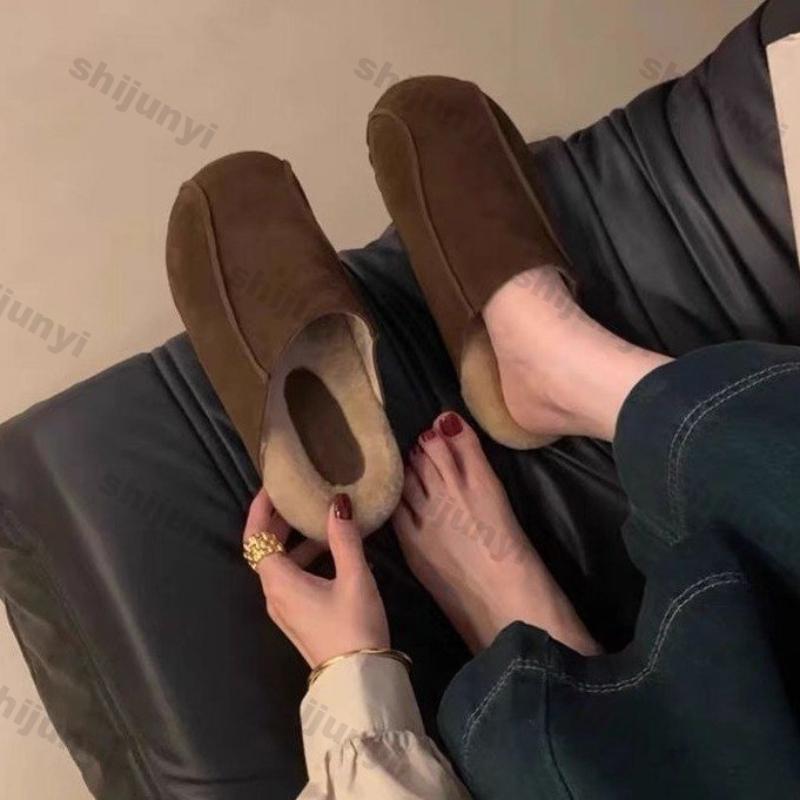 Mode Damen Schuhe mit dicker Sohle Geschlossene Zehenpartie Runde Zehenpartie Wildleder Halbschuhe Damen Herbst Winter Neu Flache Slingback Slipper Baumwollpantoffeln