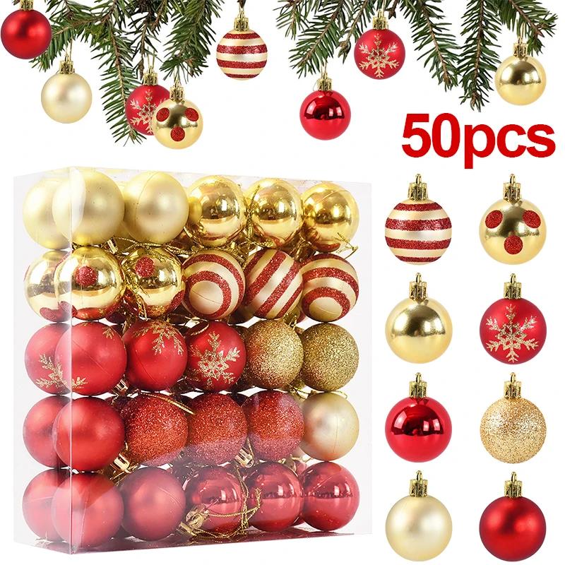 50Pcs/box Christmas Tree Balls Ornament Red Gold Hanging Bauble Pendant 2025 Christmas Decoration for Home 2026 New Year Gifts