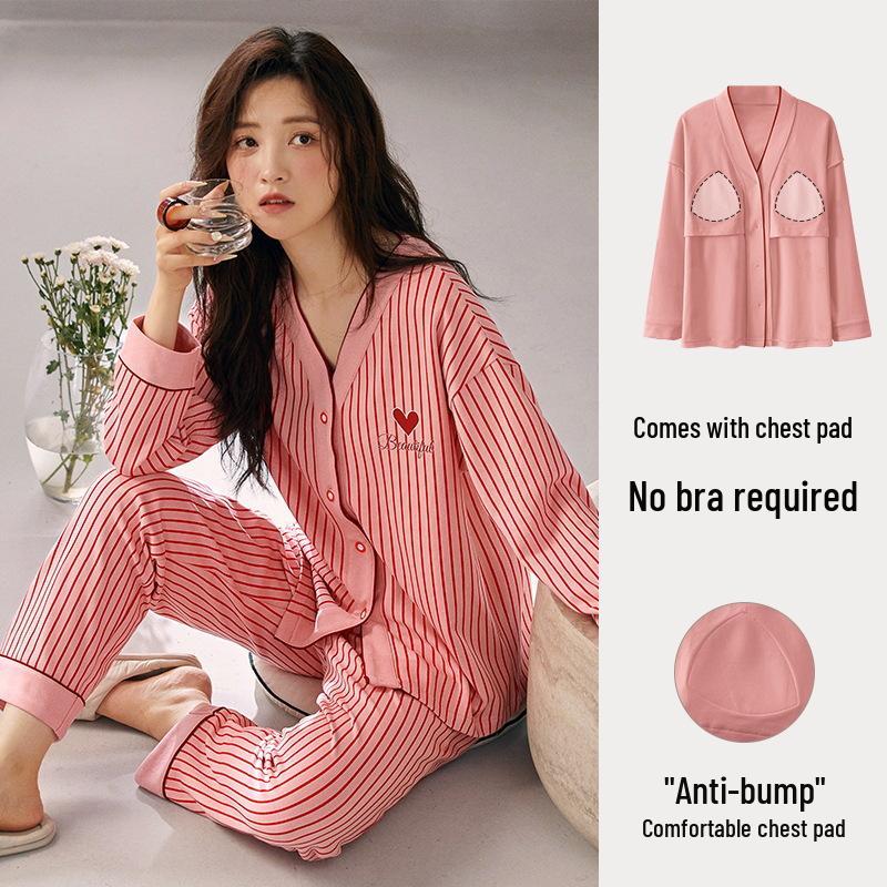 Women's Plus Size Striped Pajama Set with Chest Pads - Long Sleeve & Pants, Korean Style Cardigan for Indoor & Outdoor Wear, Spring/Autumn