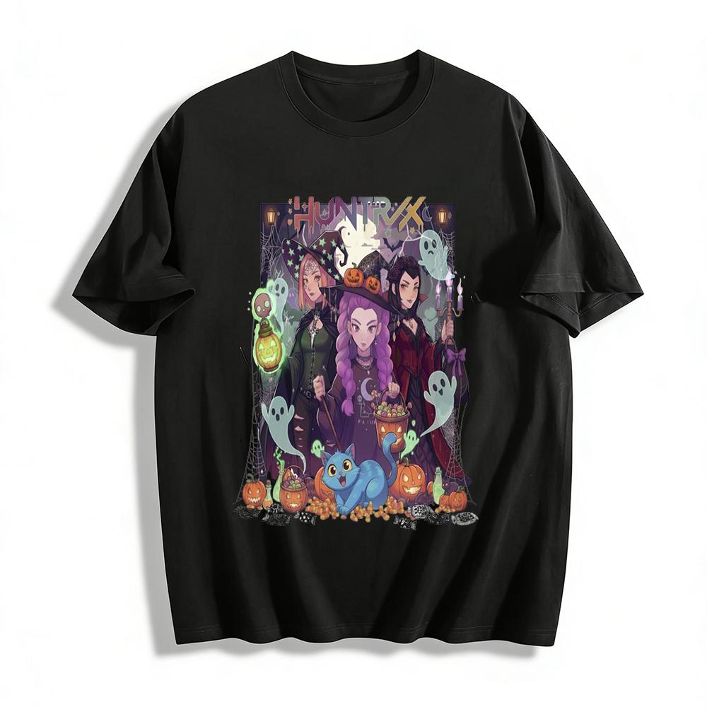 

Halloween Huntrix Witch Squad Print Top Casual Loose T-shirt With Ghost Pumpkin Elements Pure cotton T-shirt XXS