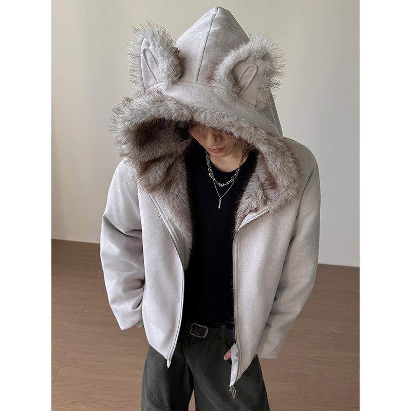 American Eagle Cat Ear Suede Fur Collar Jacket - Autumn/Winter Plus Velvet Short Outerwear