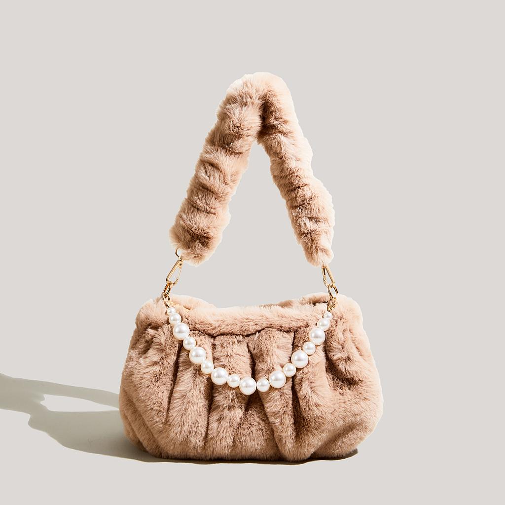 Autumn Winter Women Underarm Bag Pearls Beading Solid Female Plush Single Shoulder Bag Korean Fashion Classic Female Handbag