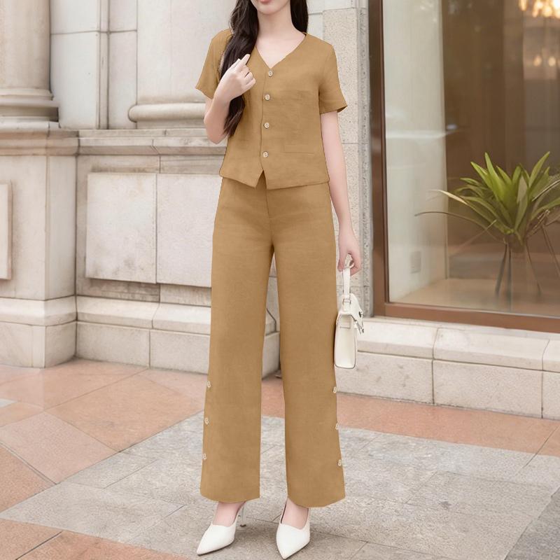 ZANZEA Women Short Sleeve Blouse and Pants Summer Two Piece Suit Sets