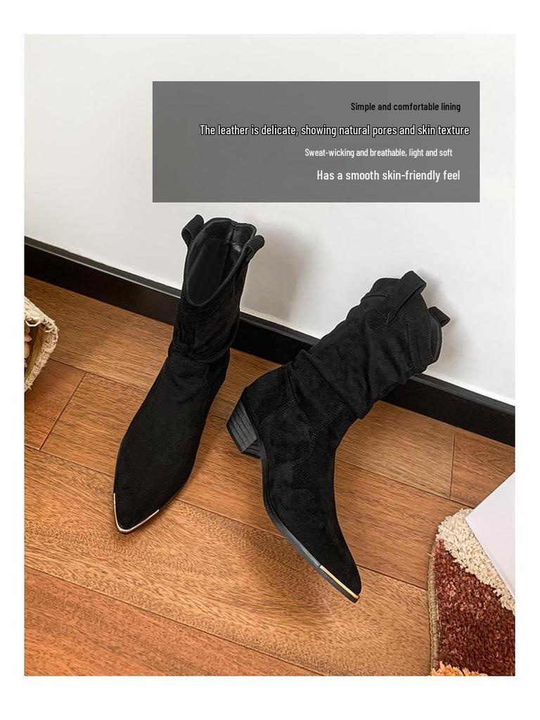 Damen Braune Wildleder Chelsea Stiefeletten - Mid-Calf Gerafftes Design, Spitze Zehenpartie, Blockabsatz für Herbst/Winter 2024