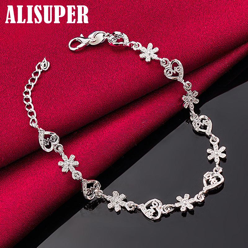 925 Sterling Silver Fashion Crystal Romantic Heart Flower Bracelet Jewelry