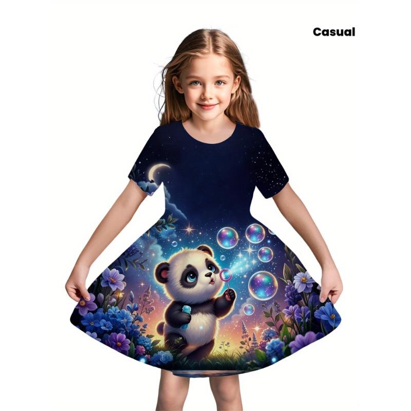 Girls Elegant Princess 3D Printed Short Sleeve Dress, Crew Neck Elegant Summer Casual Dress