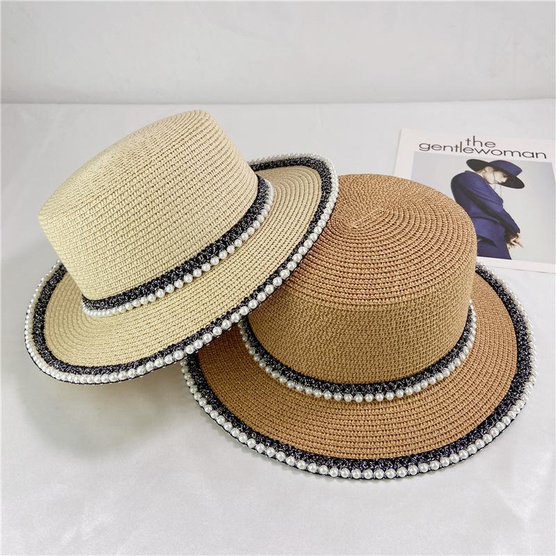 French Retro Pearl Lace Flat Top Straw Hat Women's Tide Summer Outing Seaside Sun Hat Beach Hat