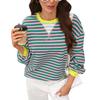 Damen gestreiftes Langarmtop Lässig Locker Rundhalsausschnitt Kontrastbündchen Pullover Hemd Herbst