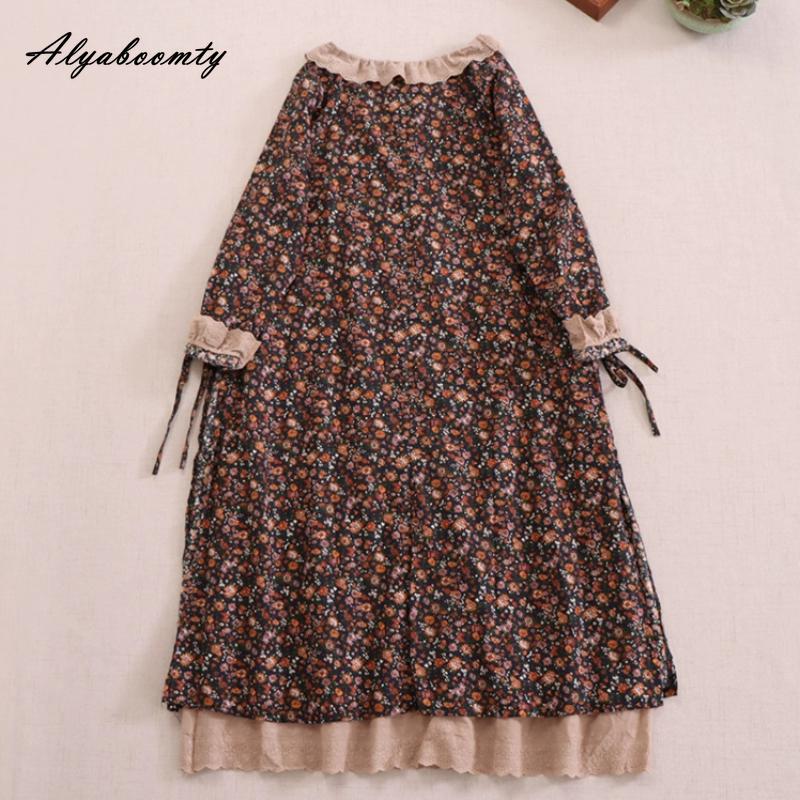 Japanisches Mori-Mädchen Frühling Herbst Damen Midikleid Rüschenkragen Blumendruck Patchwork Retro Kleid Vintage Baumwolle Leinen Stickerei Aushöhlen Kleid