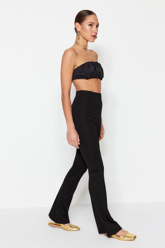 Damen Stil Übergröße Schwarz Gerippt Elastischer Bund Schlaghose Schlagbein Hohe Taille Gestrickte Hose