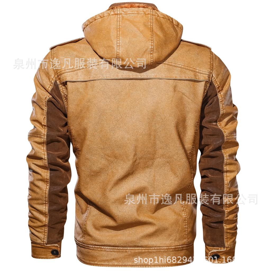 New product men's jacket European and American wash faded fleece thickened hooded pu leather jacket trendy large size