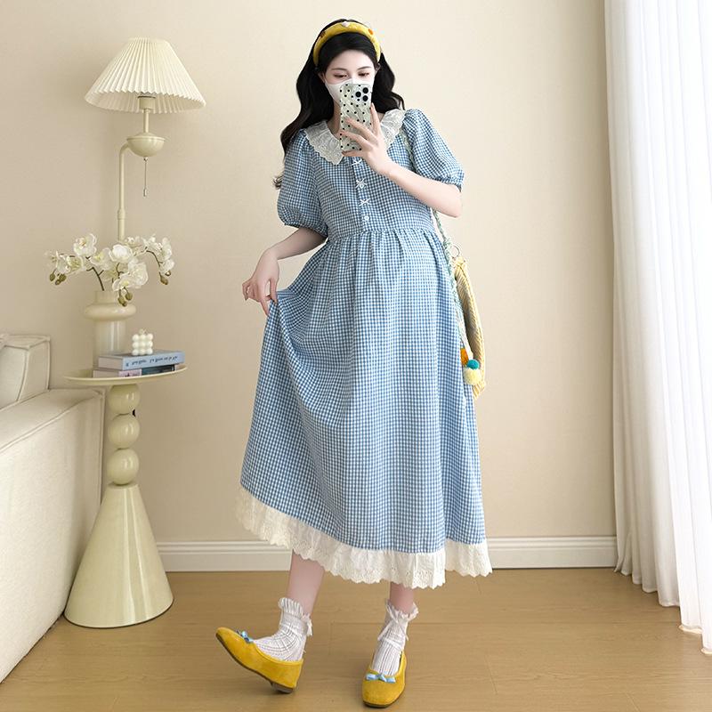 2026 Chic Summer Plaid Patchwork Lace Lapel Maternity Dress Extra Large