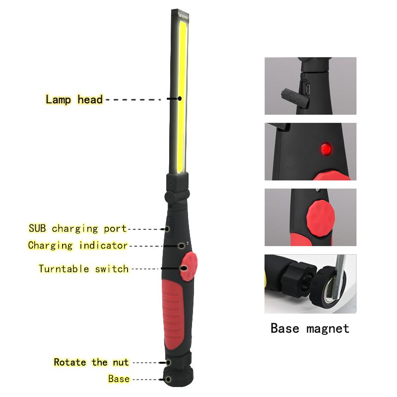 Handheld 4 Mode COB Work Light Adjustable Magnetic Inspection Light USB Rechargeable Torch Flashlight for Camping Hiking Working