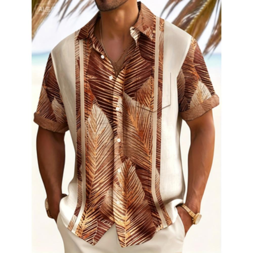 Retro plant leaves contrast stitching men's button pocket short-sleeved Hawaiian shirt