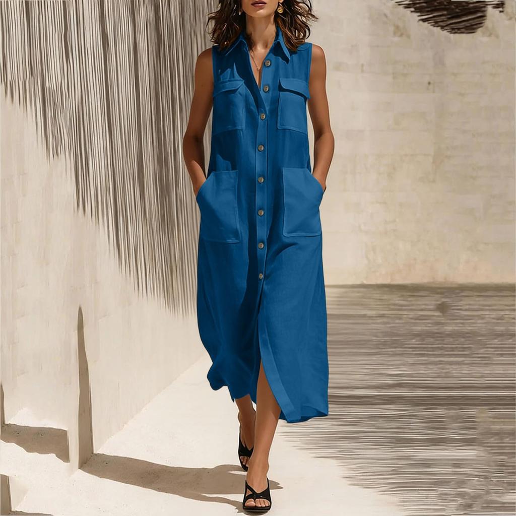 Ärmelloses Maxikleid mit Knopfleiste, Kragen und Taschen, lockere Passform, lässiges langes Kleid für Damen, Sommermode