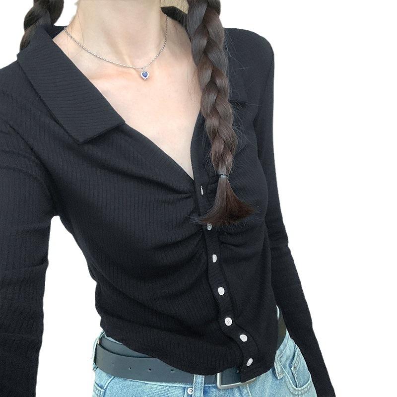 Design Niche Polo Neck Elastic Long-sleeved T-shirt for Women In Autumn Slimming Inner Layering Pure Lust Style Cardigan Bottoming Top