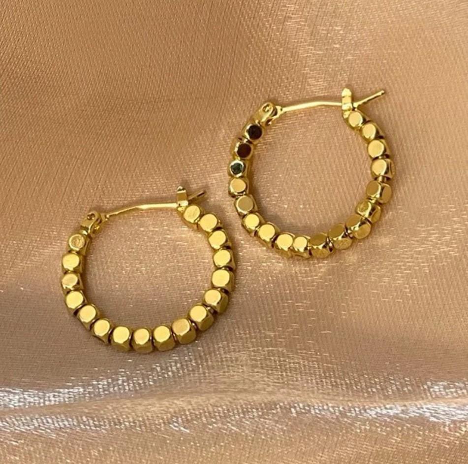 Vietnamese Gold Small Sugar Cube Crushed Earrings: Trendy Circle & Square Stud and Hoop Design