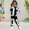 Girls Black White Printed Hooded Long Sleeve Top And Cuffed Pants Two Piece Set