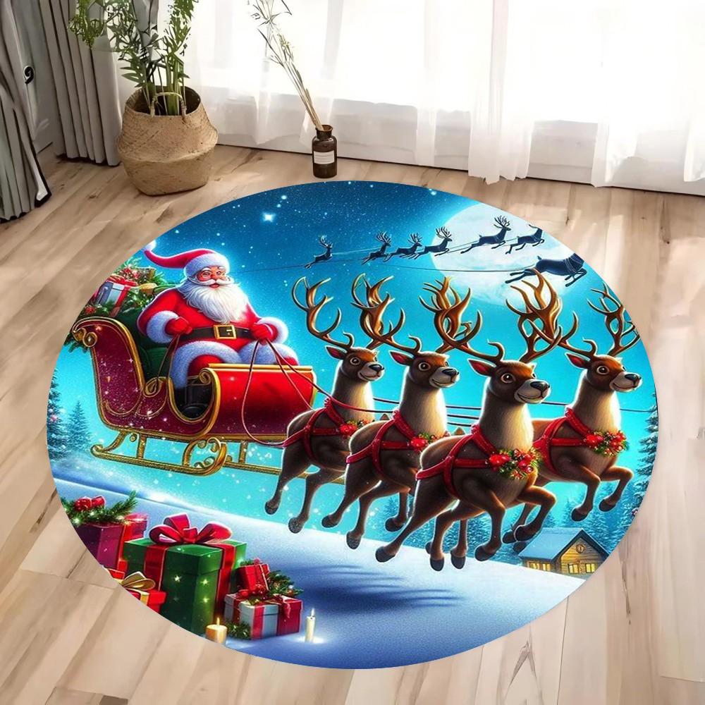 Christmas Gnome and Reindeer Circular Carpet Living Room Bedroom Mat Festive Atmosphere Decorated Christmas Tree Home Rug